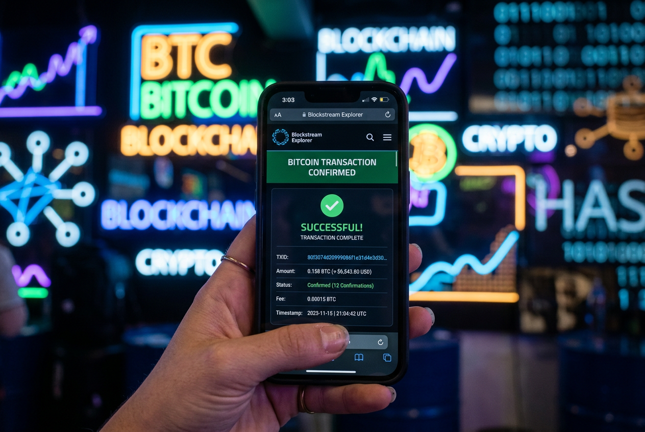 Zbliżenie na smartfon wyświetlający pomyślne potwierdzenie transakcji Bitcoin