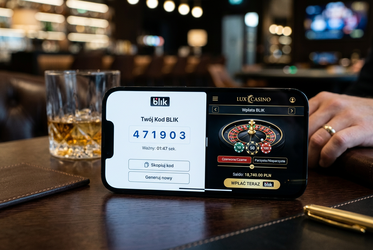 Smartphone displaying a 6-digit BLIK code interface next to a luxury casino interface