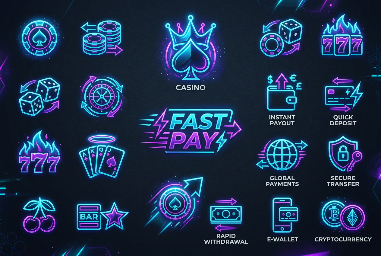 Collection of various abstract casino icons and fast payment logos on dark background
