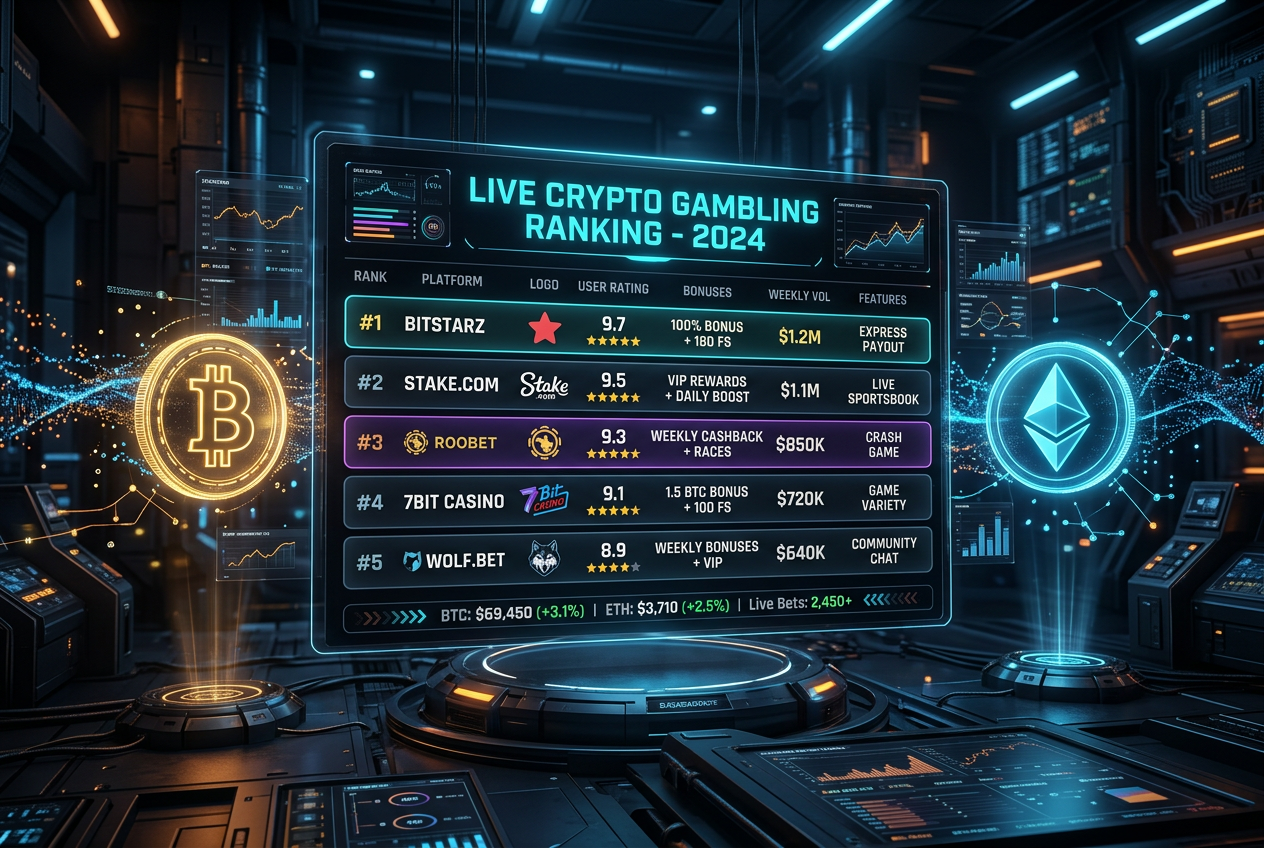 Moderny i elegancki wizualny ranking hazardu krypto z logotypami Bitcoin i Ethereum