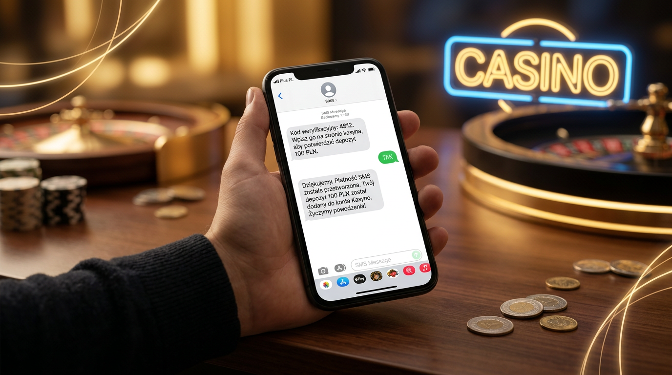 Smartfon z aplikacją kasyna wyświetlający potwierdzenie płatności SMS