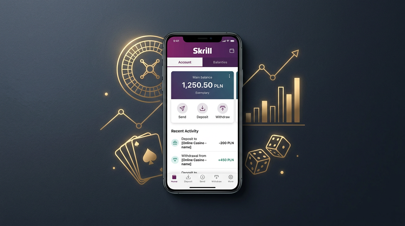 Smartfon z aplikacją Skrill i złotymi elementami kasynowymi