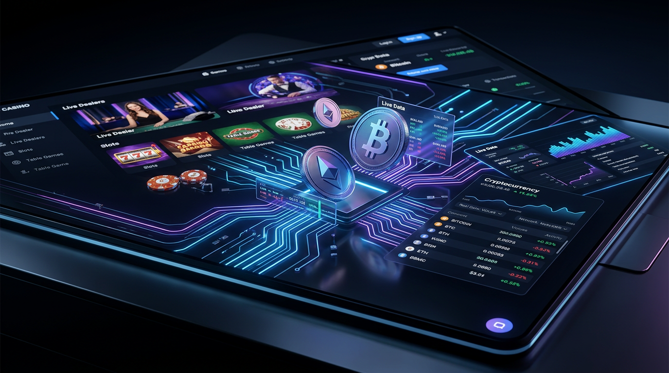 Futurystyczny interfejs krypto kasyna z kryptowalutami Bitcoin i Ethereum