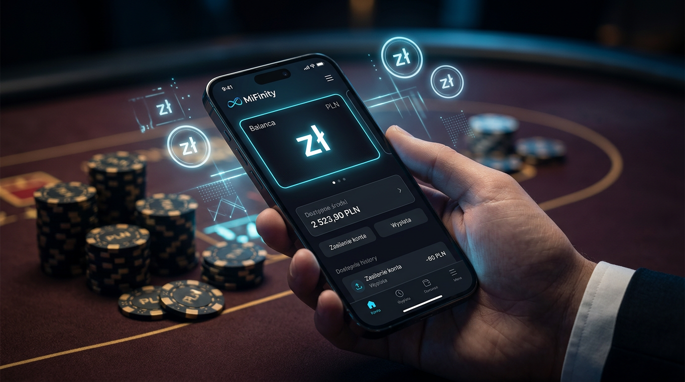 Nowoczesny portfel cyfrowy MiFinity na smartfonie z żetonami kasynowymi i walutą PLN