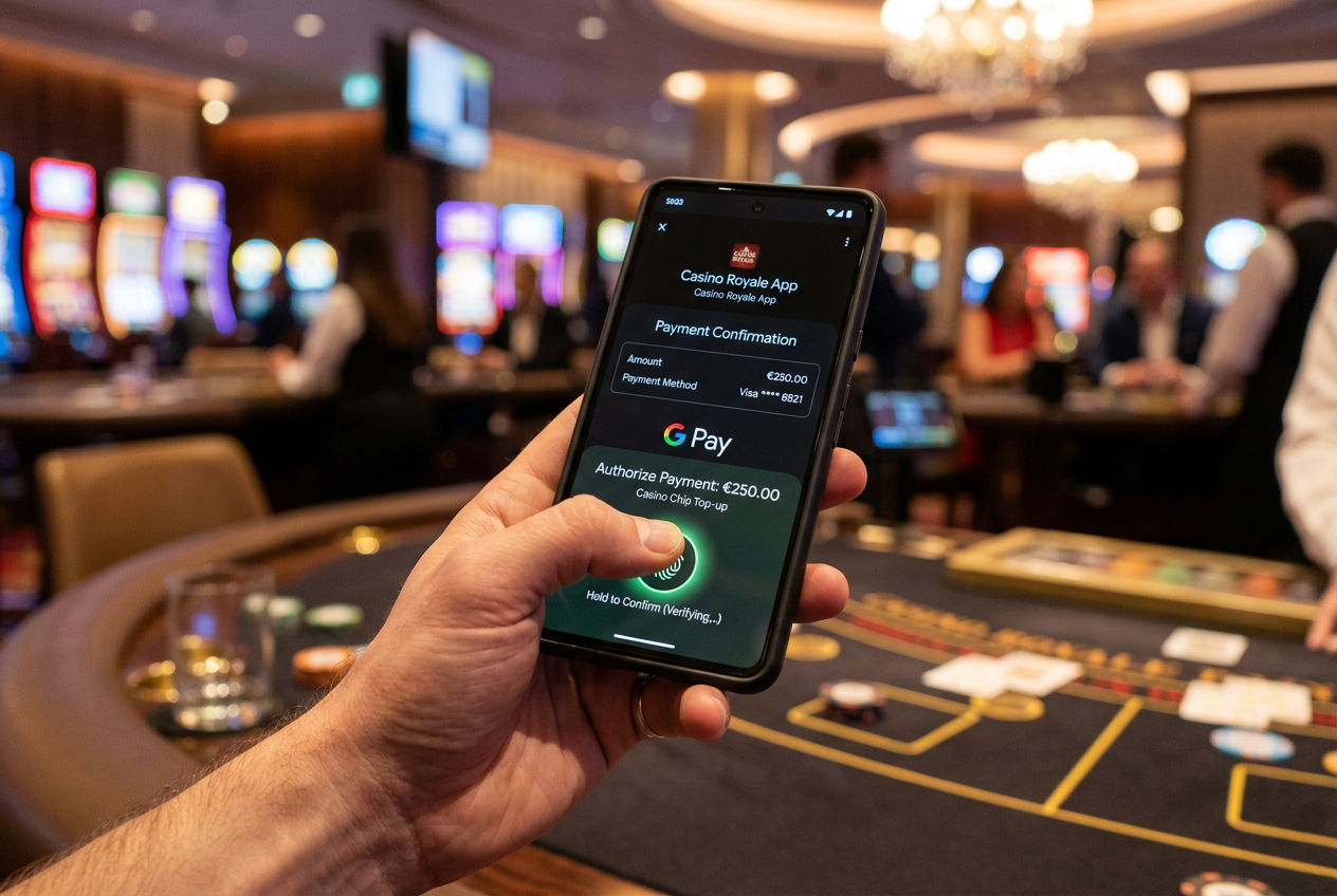Bezpieczny proces płatności Google Pay w aplikacji mobilnej kasyna online