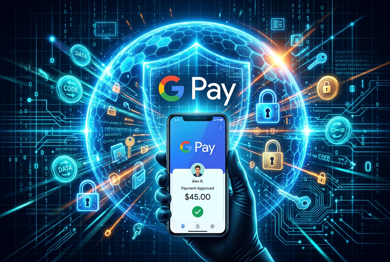 Abstrakcyjna tarcza bezpieczeństwa chroniąca cyfrowy portfel Google Pay