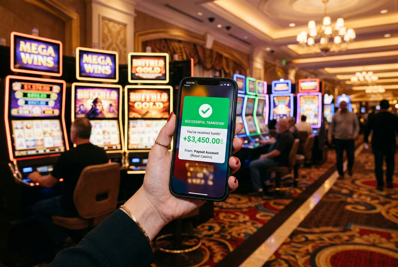 Mobile smartphone screen displaying a successful fast payout notification from a casino to a Revolut account