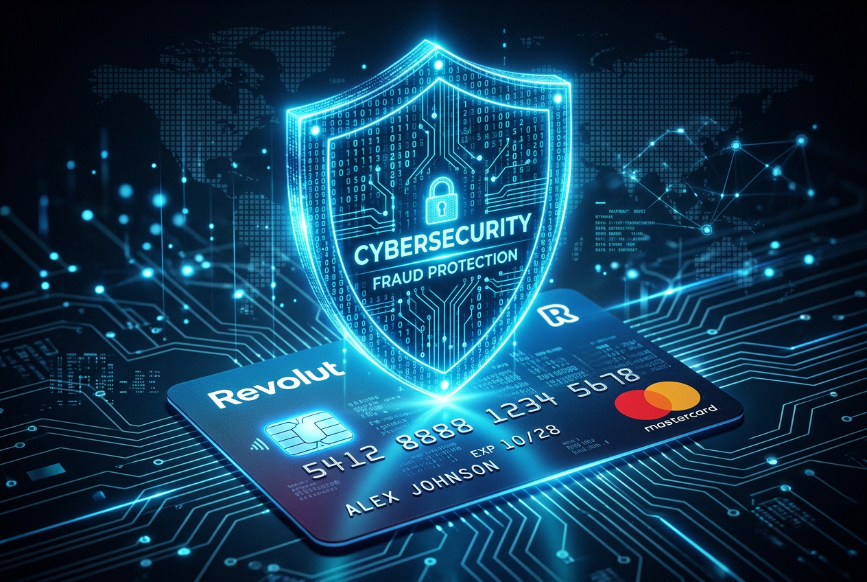 Revolut security shield with digital protection layers over a virtual card