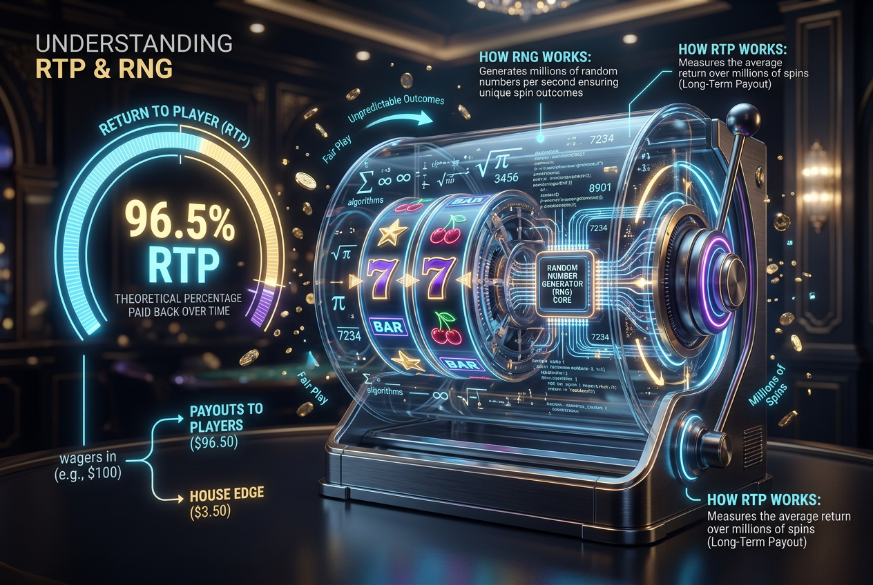 Infografika przedstawiająca mechanikę RTP i RNG w kasynach online